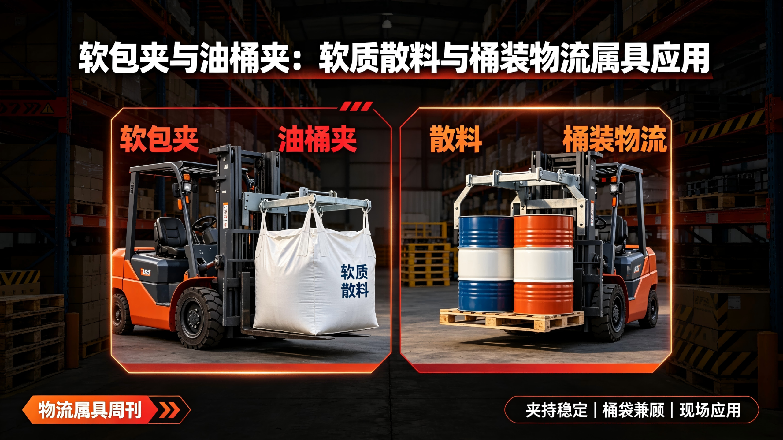 软包夹与油桶夹：软质散料与桶装物流属具应用